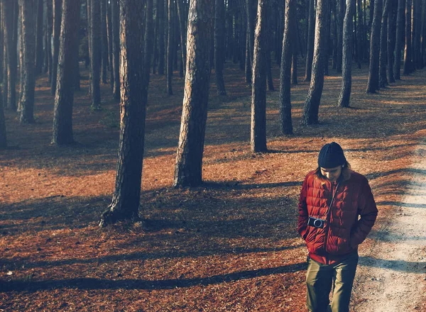Homem caminhando sozinho pela floresta — Fotografia de Stock