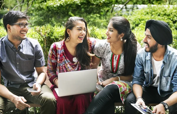 Indian Students Studying Outdoors Using Laptops Education Knowledge Concept Original — Stock Photo, Image