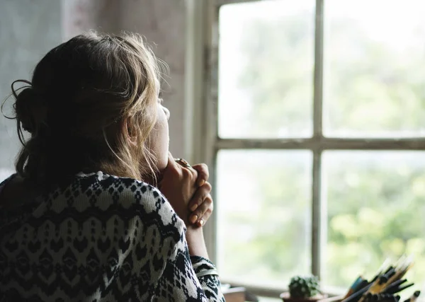 Rear View Woman Sitting Thoughtful Lookout Window Original Photoset — Stock Photo, Image