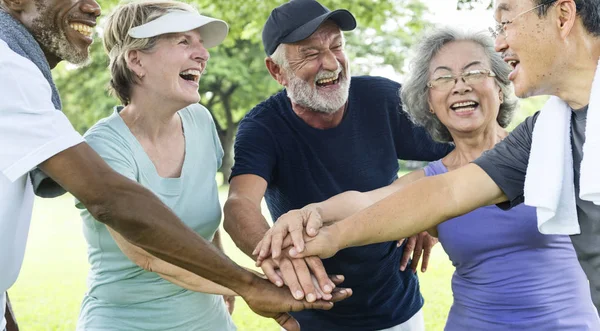 Elderly Sporty People Hand Together Original Photoset — Stock Photo, Image