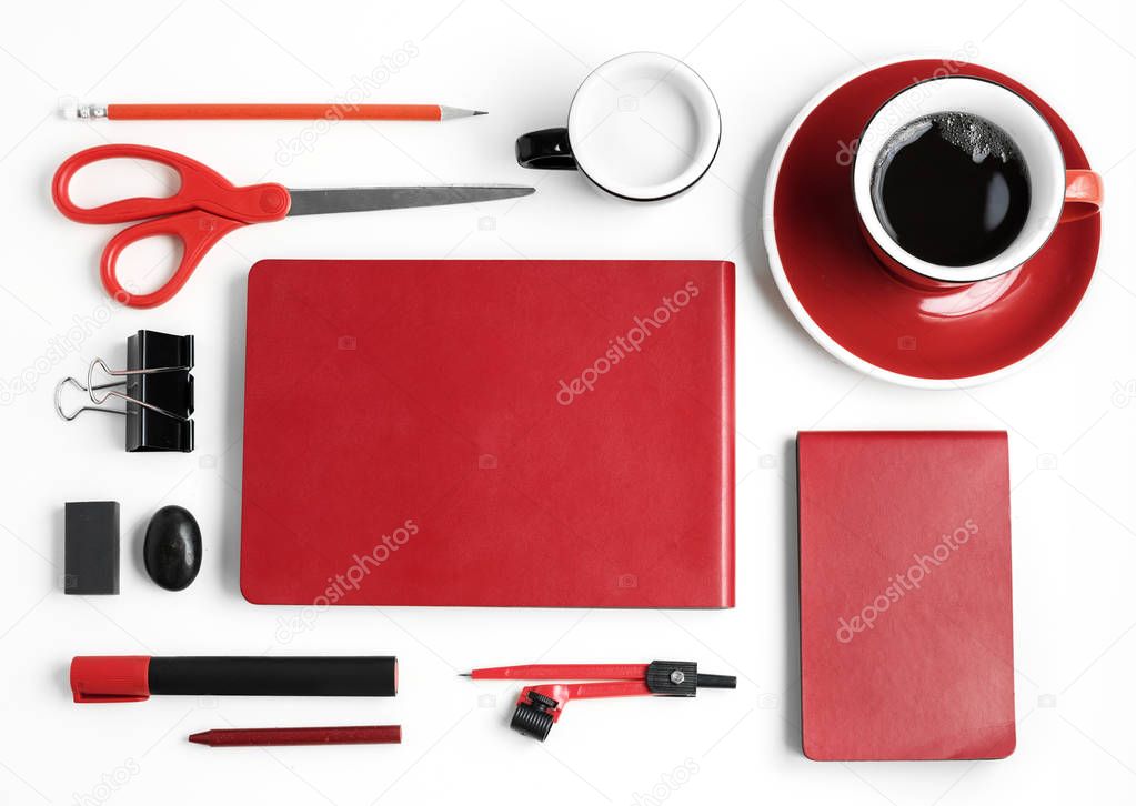 Top view on Red stationery isolated on white, original photoset