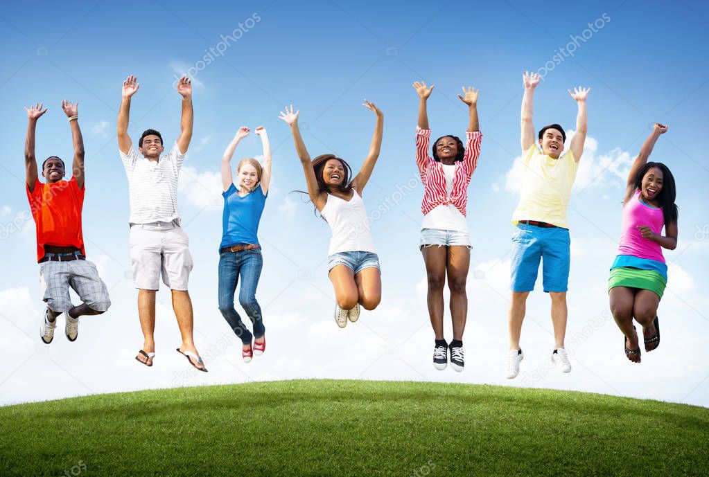 Happy diversity young people jumping, original photoset