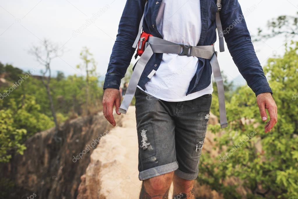 Backpacker walking outdoors