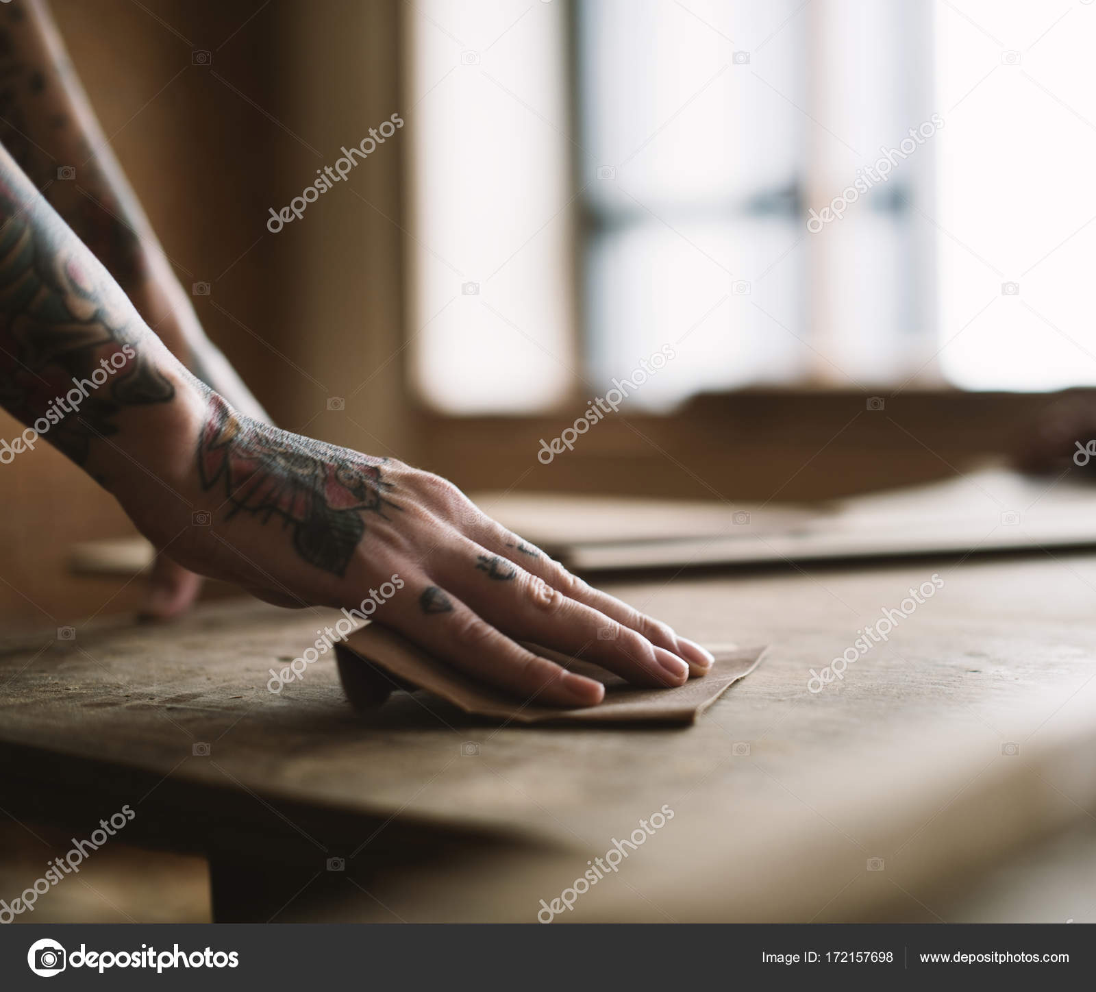 Hands Tattoo Using Sandpaper Wood Original Photoset Stock Photo by