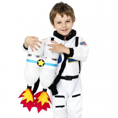 astronot kostüm jetpack, orijinal ile sevimli küçük çocuk photoset