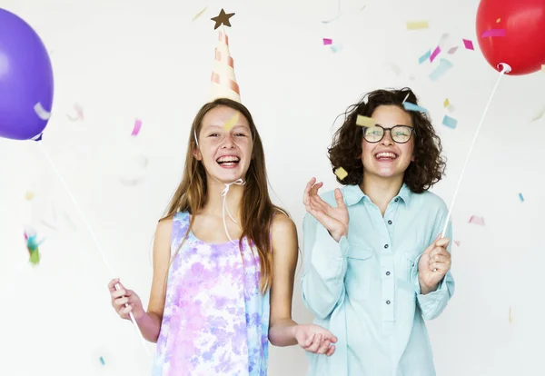 Két Lányok Tinédzserek Party Ballonok Eredeti Photoset — Stock Fotó
