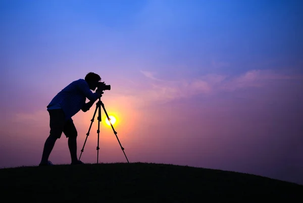 Silueta Fotografa Při Západu Slunce Originální Sada Fotek — Stock fotografie