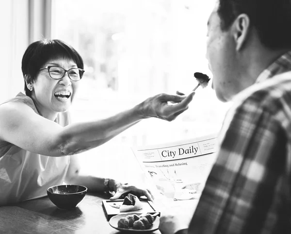 Elderly Asian Wife Feeds Husband Original Photoset — Stock Photo, Image