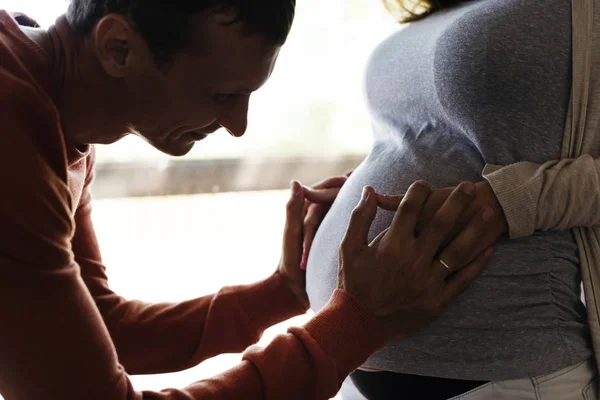 Man Touches Stomach Pregnant Woman Original Photoset — Stock Photo, Image