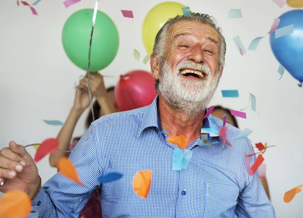 Oude Man Die Lacht Feestje Met Ballonnen Originele Photoset — Stockfoto