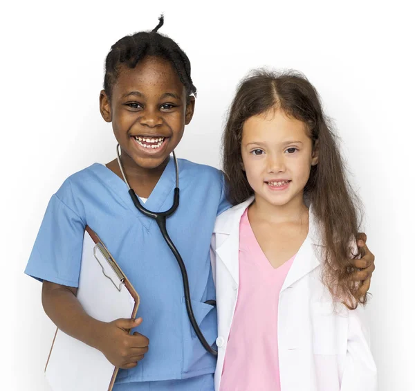 Twee Kleine Meisjes Dokter Kostuums — Stockfoto