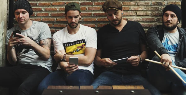 Adult Men Sit Together Use Phone — Stock Photo, Image