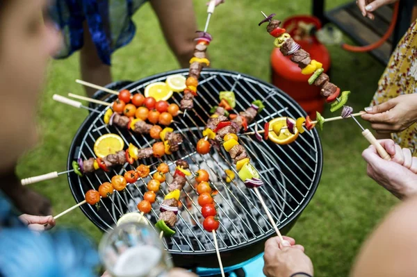 Aerial View Group Diverse Friends Grilling Barbecue Outdoors — Stock Photo, Image