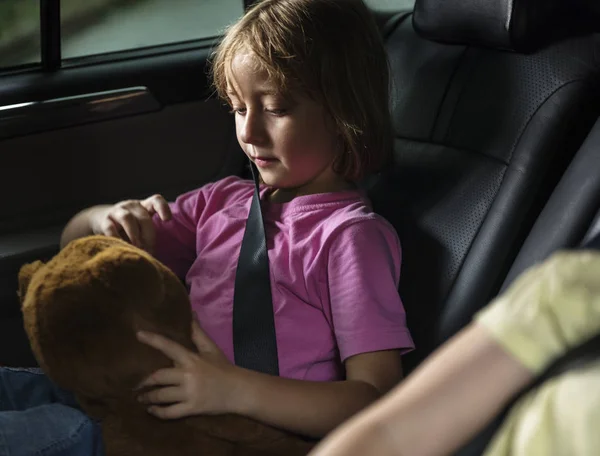 Young Caucasian Girl Sitting Car Playing Teddy Bear Original Photoset — Stock Photo, Image