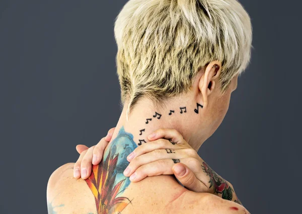 Back View Head Shoulders Tattooed Woman Posing Studio Concept — Stock Photo, Image