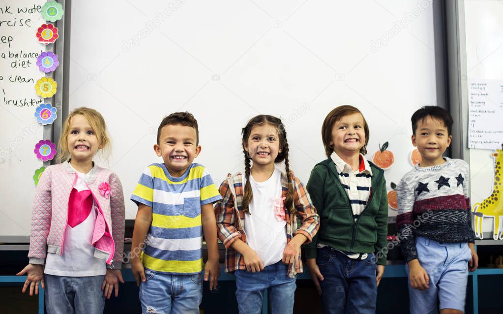 adorable diversity children at elementary school, friendship and classmates concept, original photoset