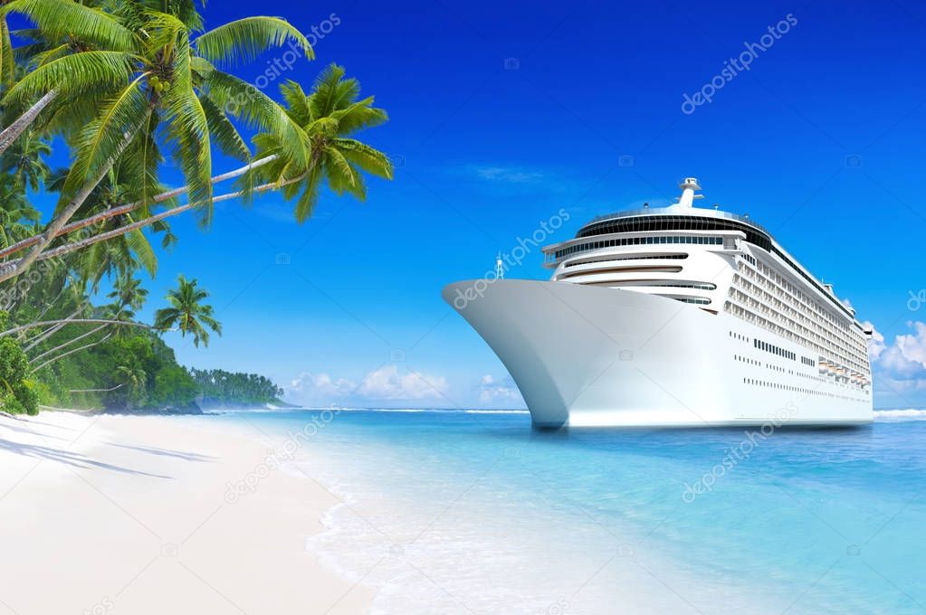 3D cruise ship at tropical beach paradise 