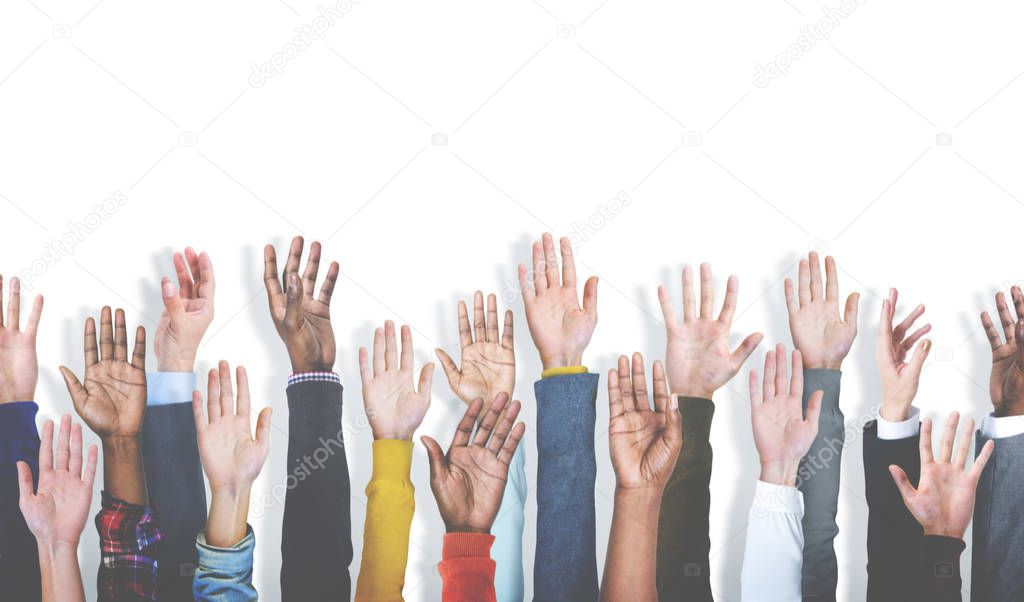 Diverse group of raised hands, original photoset