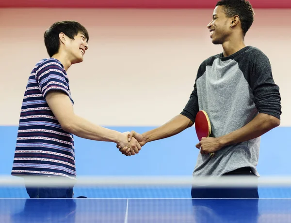 Saludo Los Jugadores Ping Pong Asociación Concepto Deporte Fotoset Original — Foto de Stock