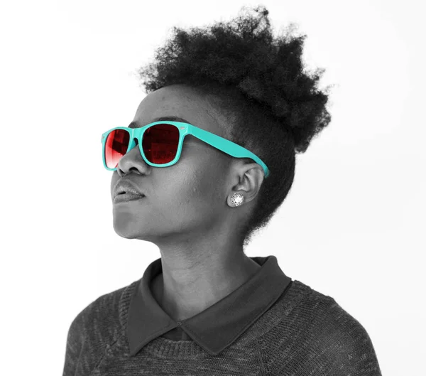 African Woman Sun Eyeglasses Posing Studio Concept — Stock Photo, Image