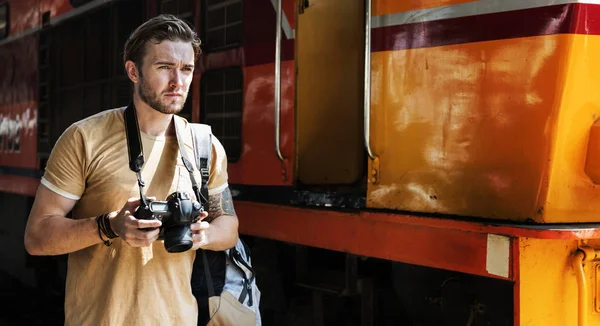 Fotógrafo Caucásico Estación Tren Fotoset Original — Foto de Stock