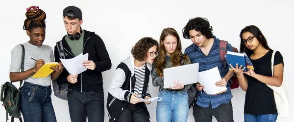 Diverse Group Teenagers Studying Together Isolated White — Stock Photo, Image