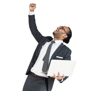 işadamı studio, stüdyo çekimi kavramı poz dizüstü bilgisayar ile 