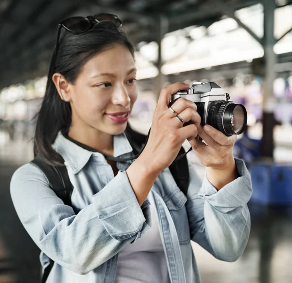 Asiatisk Resenären Med Kamera Original Fotosätta — Stockfoto