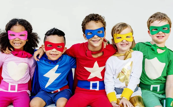 Superheroes Kids Playing Together Original Photoset — Stock Photo, Image