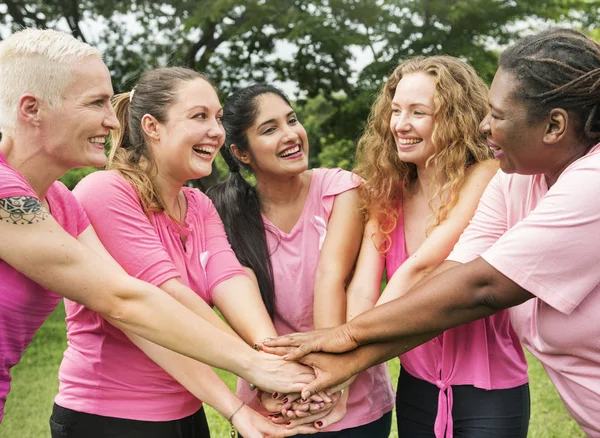 Mujeres Manos Juntas Lucha Contra Cáncer Mama Fotoset Original — Foto de Stock