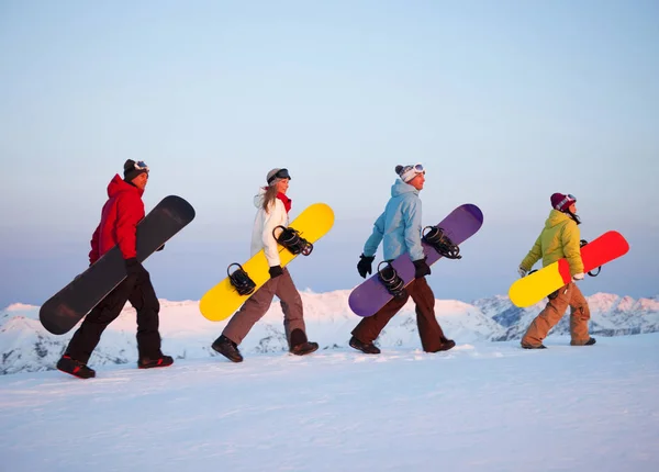 Grupa Snowboardziści Szczycie Góry Photoset Oryginał — Zdjęcie stockowe