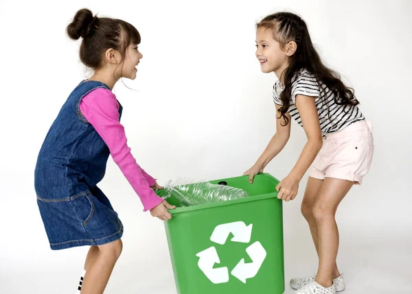 Two Little Girls Moving Recycle Box Original Photoset — Stock Photo, Image