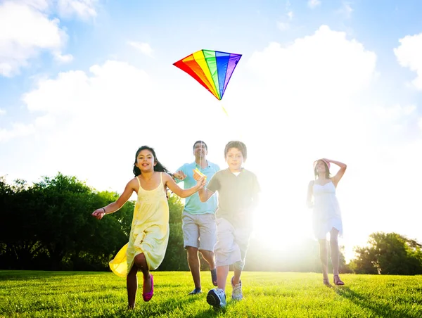 Familia Jugando Con Una Cometa Aire Libre Fotoset Original —  Fotos de Stock