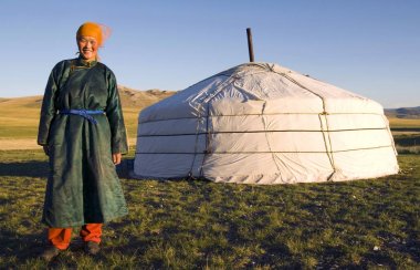 Mongolian woman standing in front of a ger, original photoset clipart
