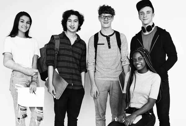 Black White Photo Diverse Group Teenagers Looking Camera Isolated White — Stock Photo, Image