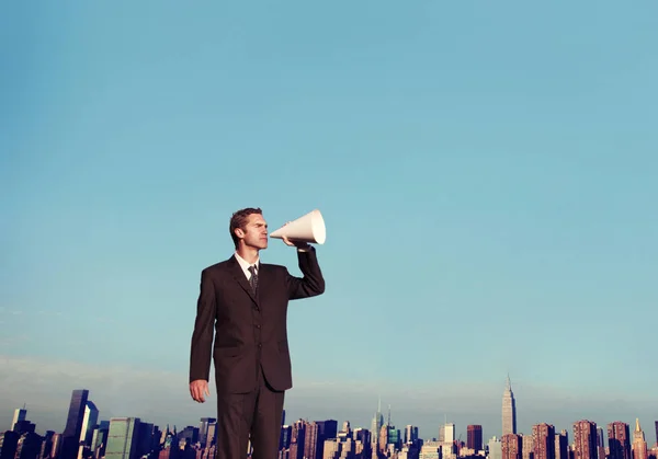 Businessman Shouting Megaphone While Standing Mountains Original Photoset — Stock Photo, Image