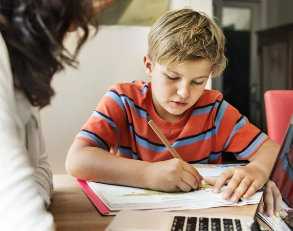 Boy Doing Hometask Mom Table Original Photoset — Stock Photo, Image