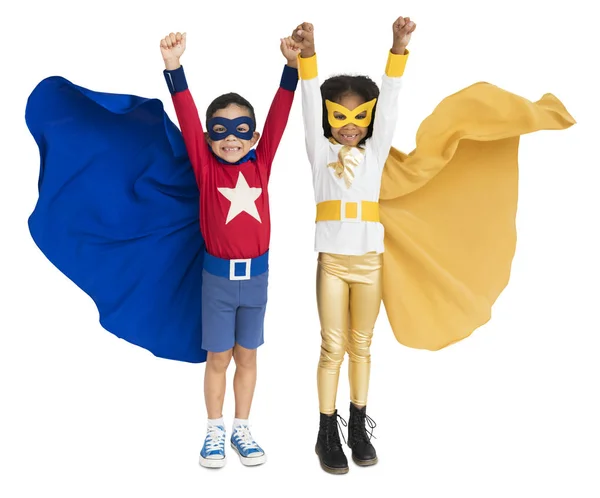 Děti Kostýmech Superhrdina Izolované Bílém — Stock fotografie
