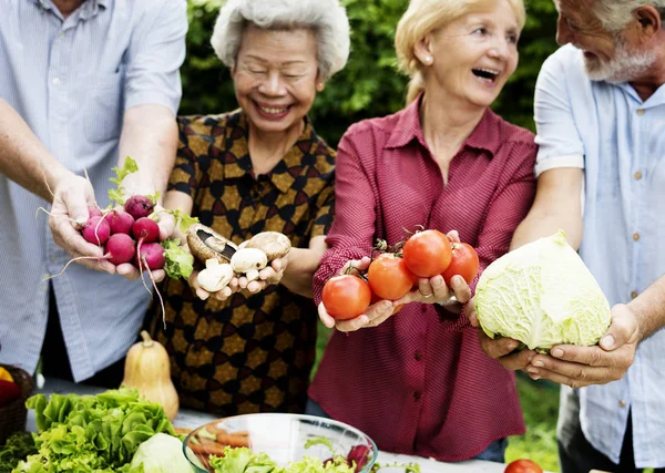Primer Plano Las Manos Personas Mayores Que Sostienen Verduras Orgánicas — Foto de Stock