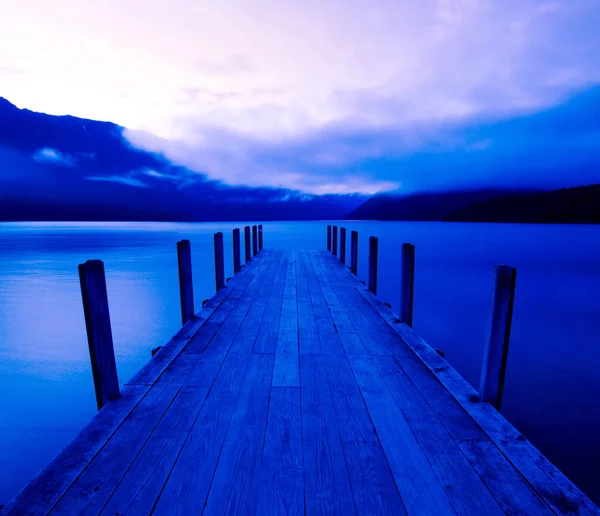 Boat Jetty Calm Lake Sunrise New Zealand Original Photoset — Stock Photo, Image