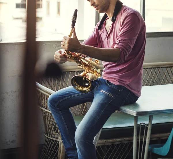 Young Man Saxophone Original Phoset — Stock Photo, Image