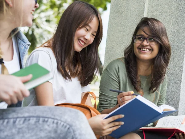 Estudantes fazendo lição de casa no parque — Fotografia de Stock