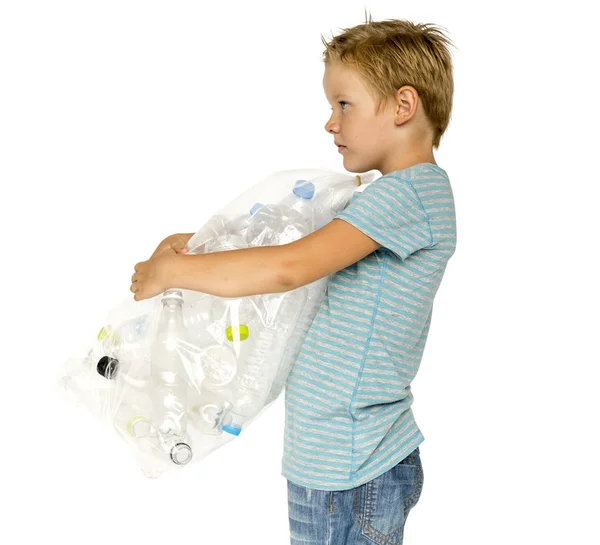 Ekologie Malý Chlapec Vak Plastové Láhve Pro Recyklaci Originální Sada — Stock fotografie