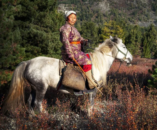 元の風光明媚なビューで馬に乗る女性の写真植字 — ストック写真