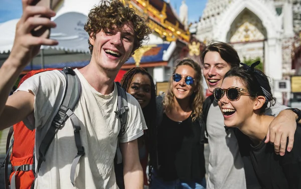 Group Diverse Tourists Taking Selfie Front Thai Temple Thailand Original Royalty Free Stock Images