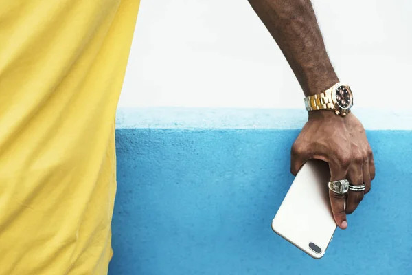 Hand African Man Rings Golden Watch Holding Smart Phone — Stock Photo, Image