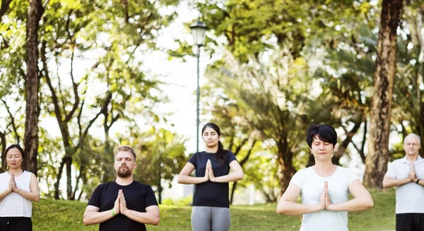 Människor Att Göra Yoga Parken Ursprungliga Fotosätta — Stockfoto