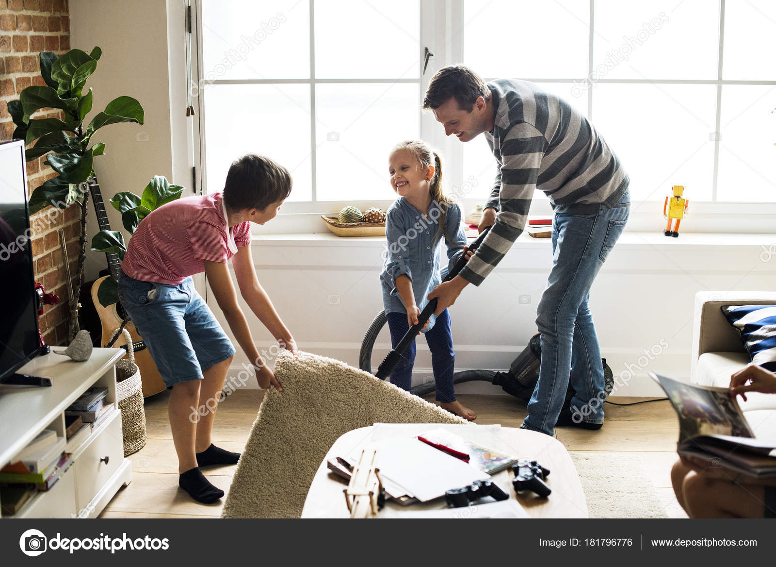 Kids Helping Father Vacuuming Floor Carpet Stock Photo by ©Rawpixel