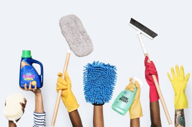 cropped image of people hands raised up and holding housework cleaning equipment clipart