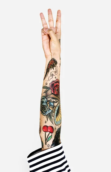 Ludzką Ręką Tatuażami Gestykulacji Drzewo Palcami Górę — Zdjęcie stockowe
